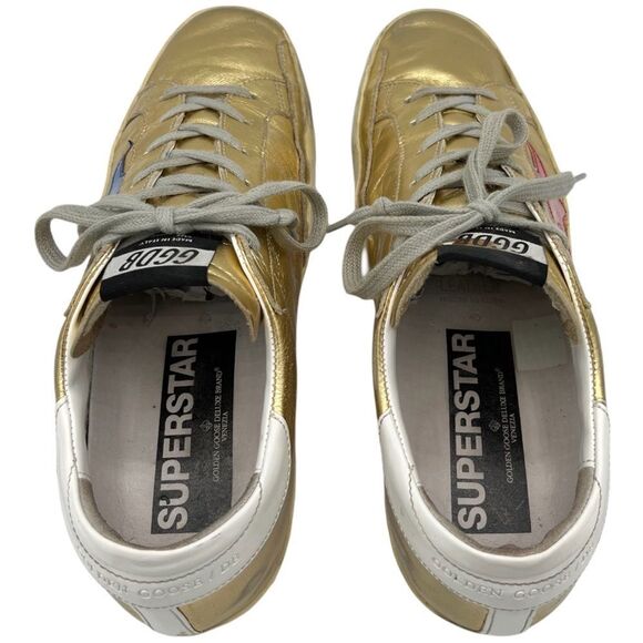 Golden Goose Superstar Low Top Sneakers Gold Leather with Red and Blue Stars - Picture 5 of 9